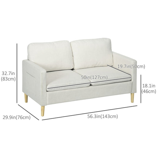 56" 2 Seat Sofa, Modern Love Seats Furniture, Upholstered 2 Seater Couch with Side Pockets, Solid Wood Frame, White