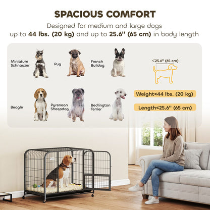 37 Inch Heavy Duty Dog Crate, Large Metal Dog Cage with Lockable Wheels and Removable Tray