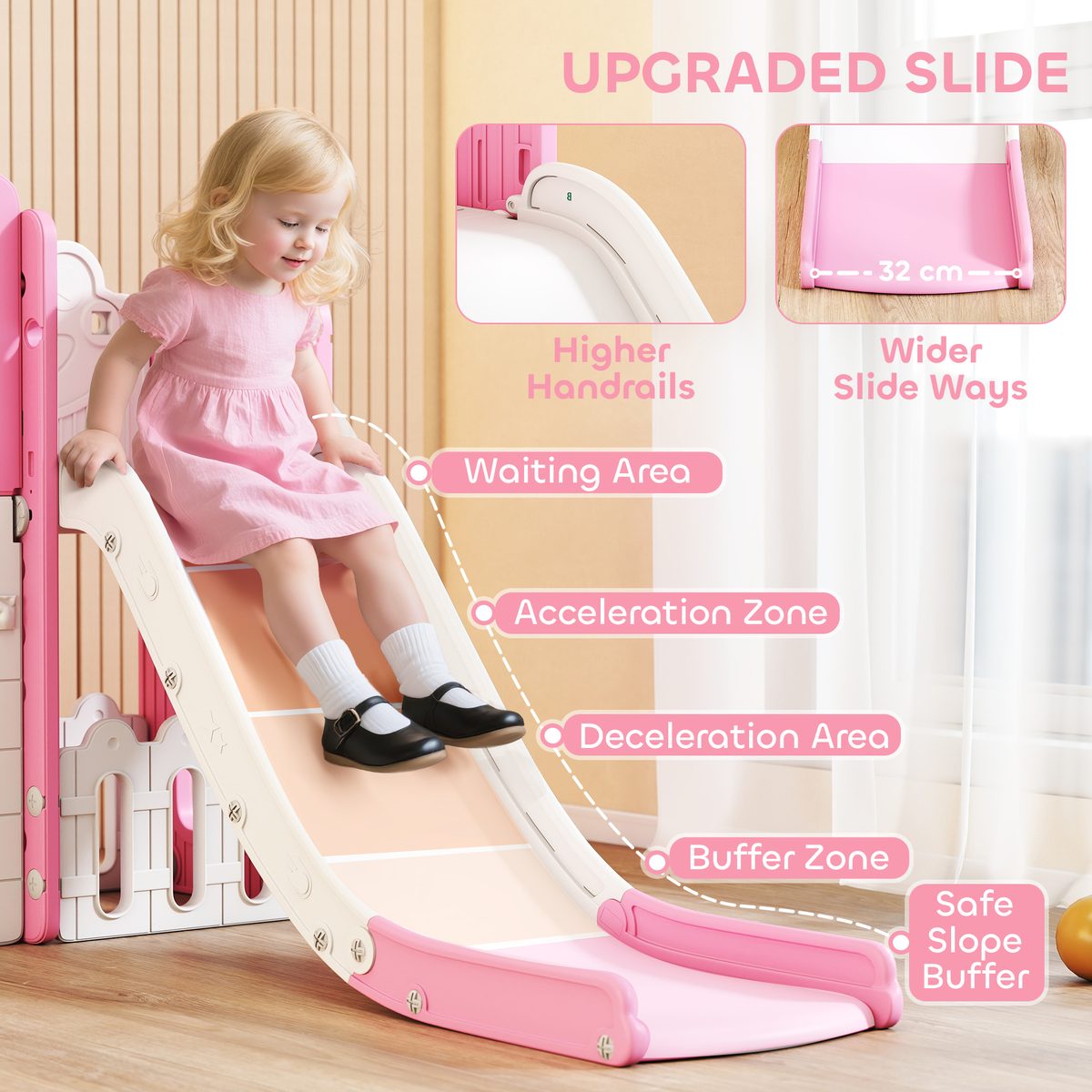 7 in 1 Toddler Slide with Basketball Hoop, Climbing Frame, Telescope, Drawing Board, Storage Box for Ages 1-3, Pink