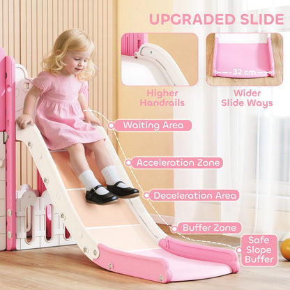7 in 1 Toddler Slide with Basketball Hoop, Climbing Frame, Telescope, Drawing Board, Storage Box for Ages 1-3, Pink