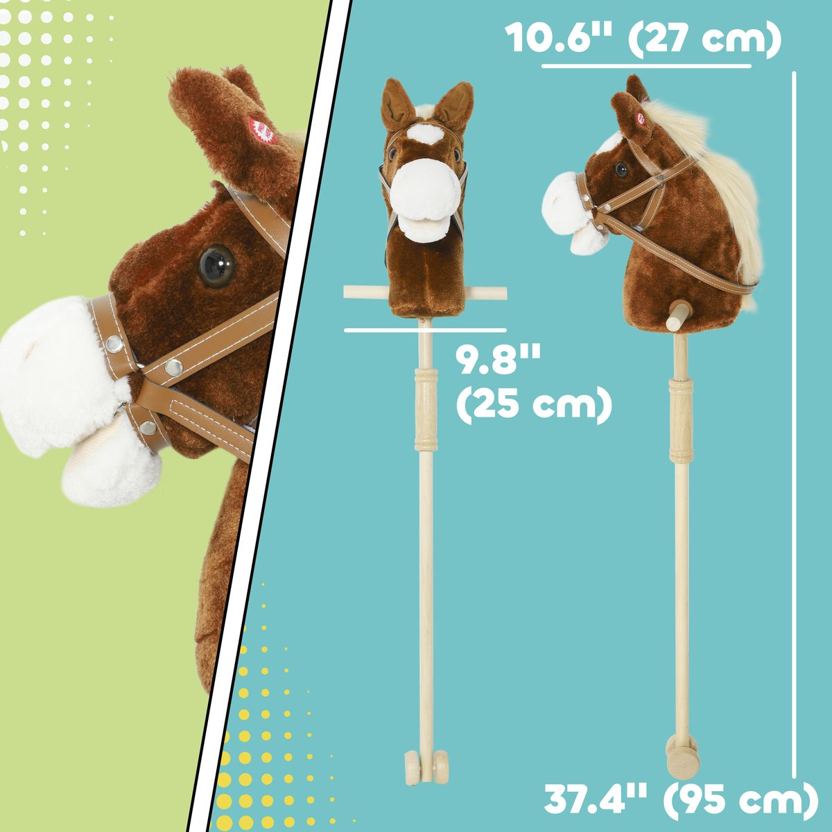 Unicorn Stick Horse, Plush Hobby Horse with Wood Wheels, Real Pony Neighing and Galloping Sounds, for Kids, Brown