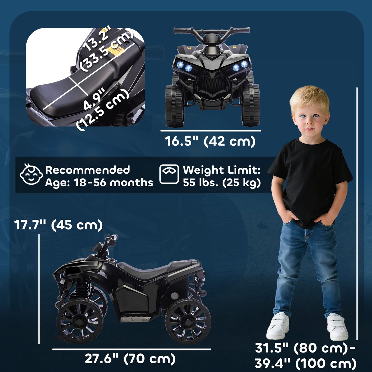 6V Kids ATV, 4 Wheeler Electric Ride on Car with Music and LED Headlights, for Ages 18-56 Months Boys and Girls, Black