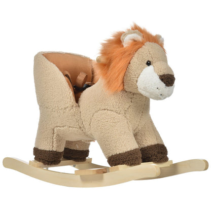 Baby Rocking Horse Lion Design Plush Stuffed Rocking Chair, Wooden Rocking Horse with Sound, Seat Belt for Boys and Girls Gift, Brown