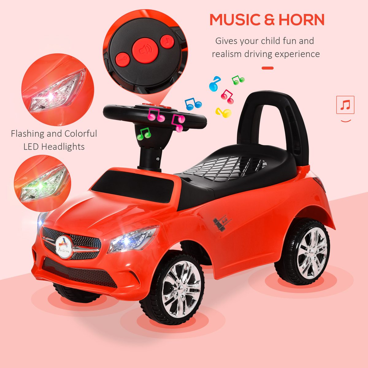 Kids Ride On Push Car, Foot-to-Floor Walking Sliding Toy Car for Toddler with Under Seat Storage, Music, Headlights Red