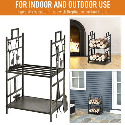 20.25" x 13" x 30.25" 2-Layer Heavy Duty Firewood Rack Wood Log Fireplace Stacker w/ 4 Tools, Black and Gold