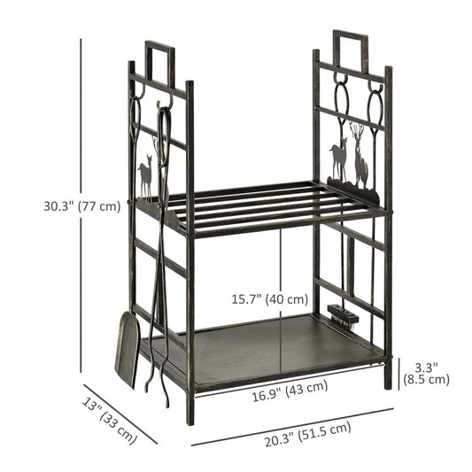 20.25" x 13" x 30.25" 2-Layer Heavy Duty Firewood Rack Wood Log Fireplace Stacker w/ 4 Tools, Black and Gold