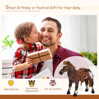 Standing Ride on Horse, Plush Pony Toy for Kids with Neighing Sound, Soft Padding, for Cowboy Cowgirl Aged 3-8 Years Old, Brown