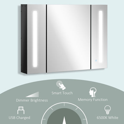 Bathroom Mirror Cabinet with LED and Adjustable Shelves, Wall Mounted Medicine Cabinet, High Gloss Black