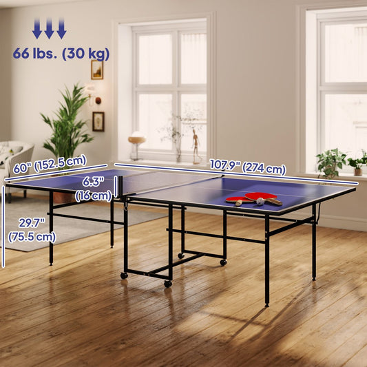 Full Size Table Tennis Table, Folding Ping Pong Table with Net, Paddles, Balls and Wheels, Blue