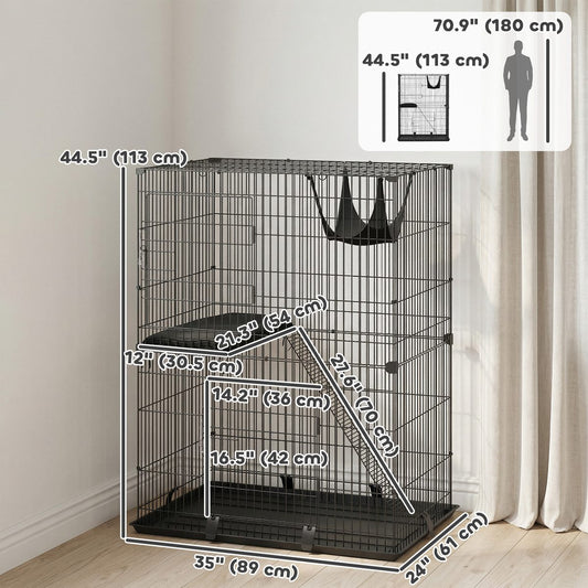 2-Tier Cat Cage Indoor, Detachable Metal Wire Kennel with Hammock, Platform, Tray and Cushion for 1-2 Kittens