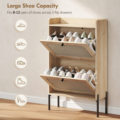 Shoe Cabinet with 2 Flip Drawers, Boho Narrow Shoe Storage Cabinet, Oak