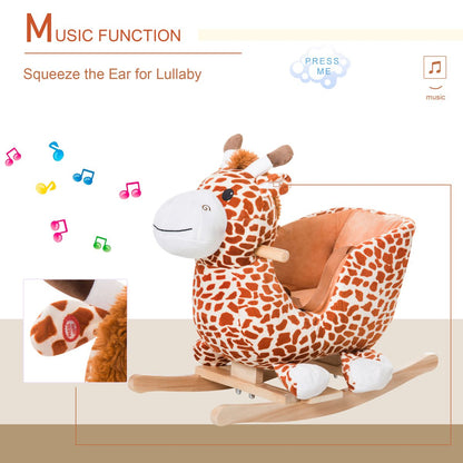 Wooden Plush Children Kids Rocking Horse Chair for Toddlers with Sound and Safety Belt, Giraffe Theme