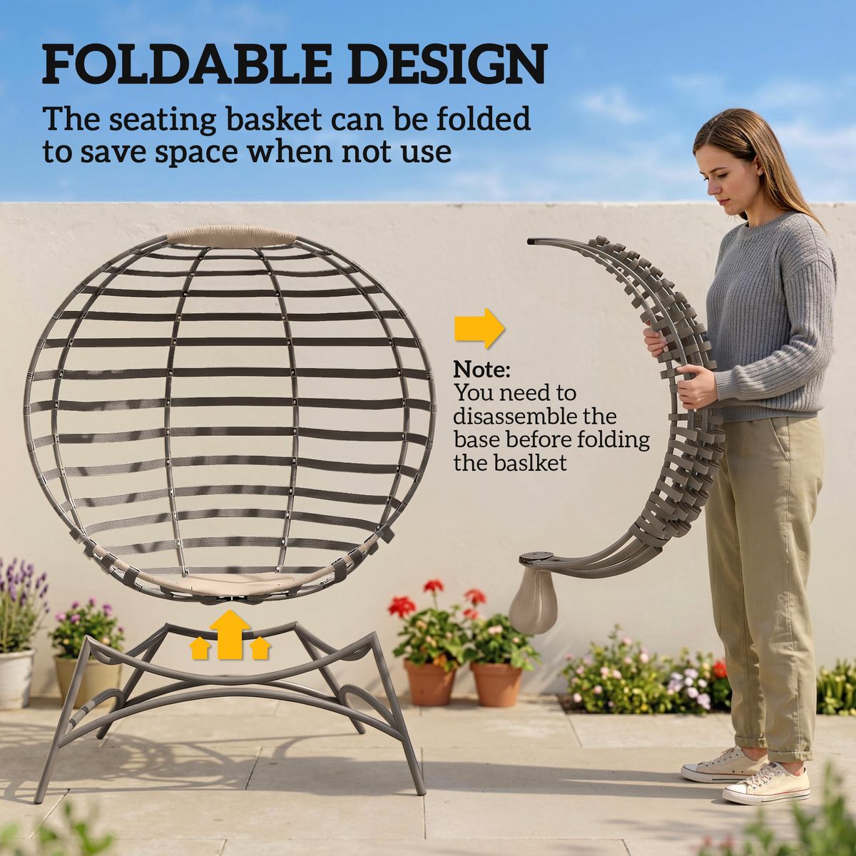 Egg Chair, Patio Lounge Chair, Foldable Basket Chair with Large Seat Cushion, Side Pocket, Sand