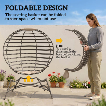 Egg Chair, Patio Lounge Chair, Foldable Basket Chair with Large Seat Cushion, Side Pocket, Sand