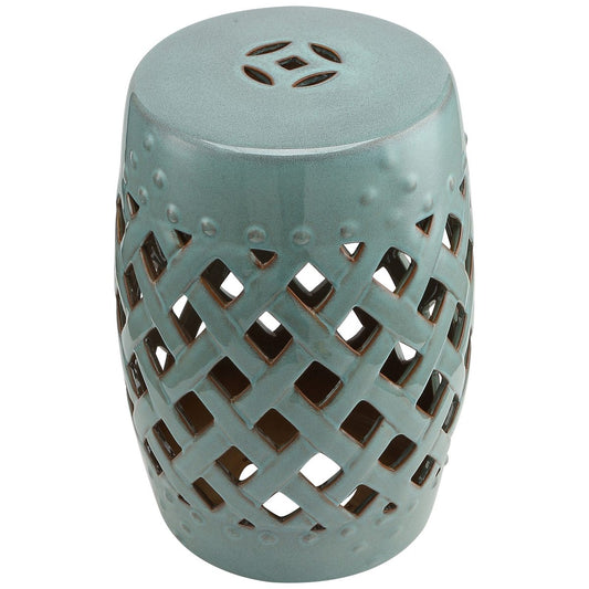 12.4" x 17.9" Ceramic Garden Stool with Woven Lattice Design, Indoor & Outdoor Decorative Accent Stool, Blue