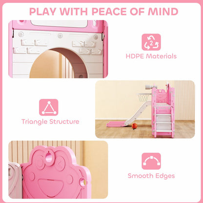 7 in 1 Toddler Slide with Basketball Hoop, Climbing Frame, Telescope, Drawing Board, Storage Box for Ages 1-3, Pink