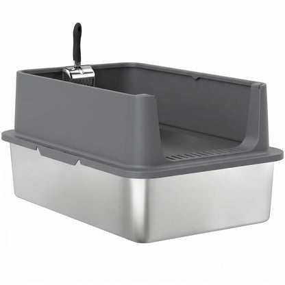 XL Stainless Steel Cat Litter Box for Big and Multiple Cats with High Wall Side, Scoop, Easy Cleaning & Odor Free