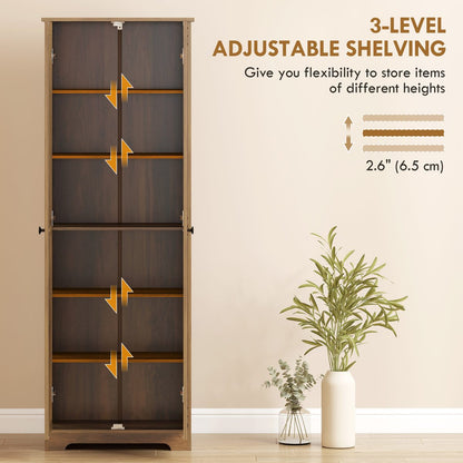 67" Farmhouse Pantry Cabinet with 2 Doors, Tall Storage Cabinet with Adjustable Shelves, Brown Wood Grain