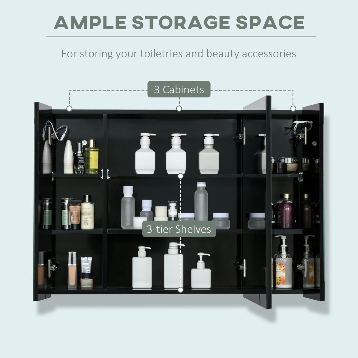 Bathroom Mirror Cabinet with LED and Adjustable Shelves, Wall Mounted Medicine Cabinet, High Gloss Black