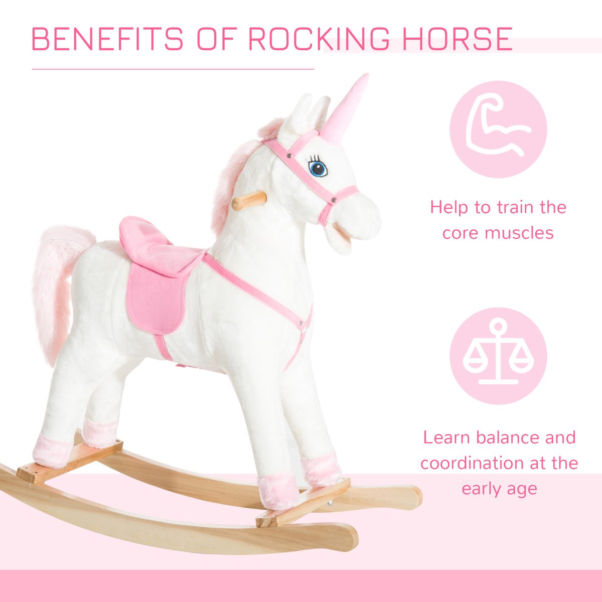 Kids Plush Toy Rocking Horse Unicorn with Realistic Sounds, White & Pink
