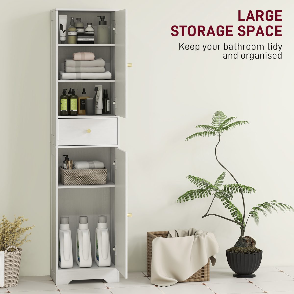 67" Tall Bathroom Cabinet, Slim Bathroom Storage Cabinet with 2 Doors, Drawer and Adjustable Shelf, White Wood Grain