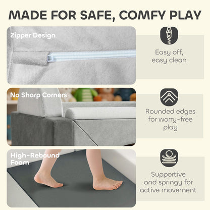 12 PCS Modular Kids Play Couch, Child Sectional Sofa for Toddlers, Convertible Foam and Floor Cushion, Grey