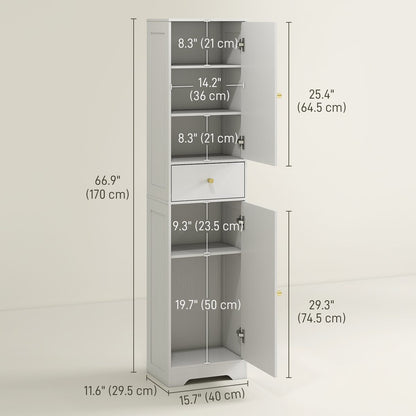 67" Tall Bathroom Cabinet, Slim Bathroom Storage Cabinet with 2 Doors, Drawer and Adjustable Shelf, White Wood Grain