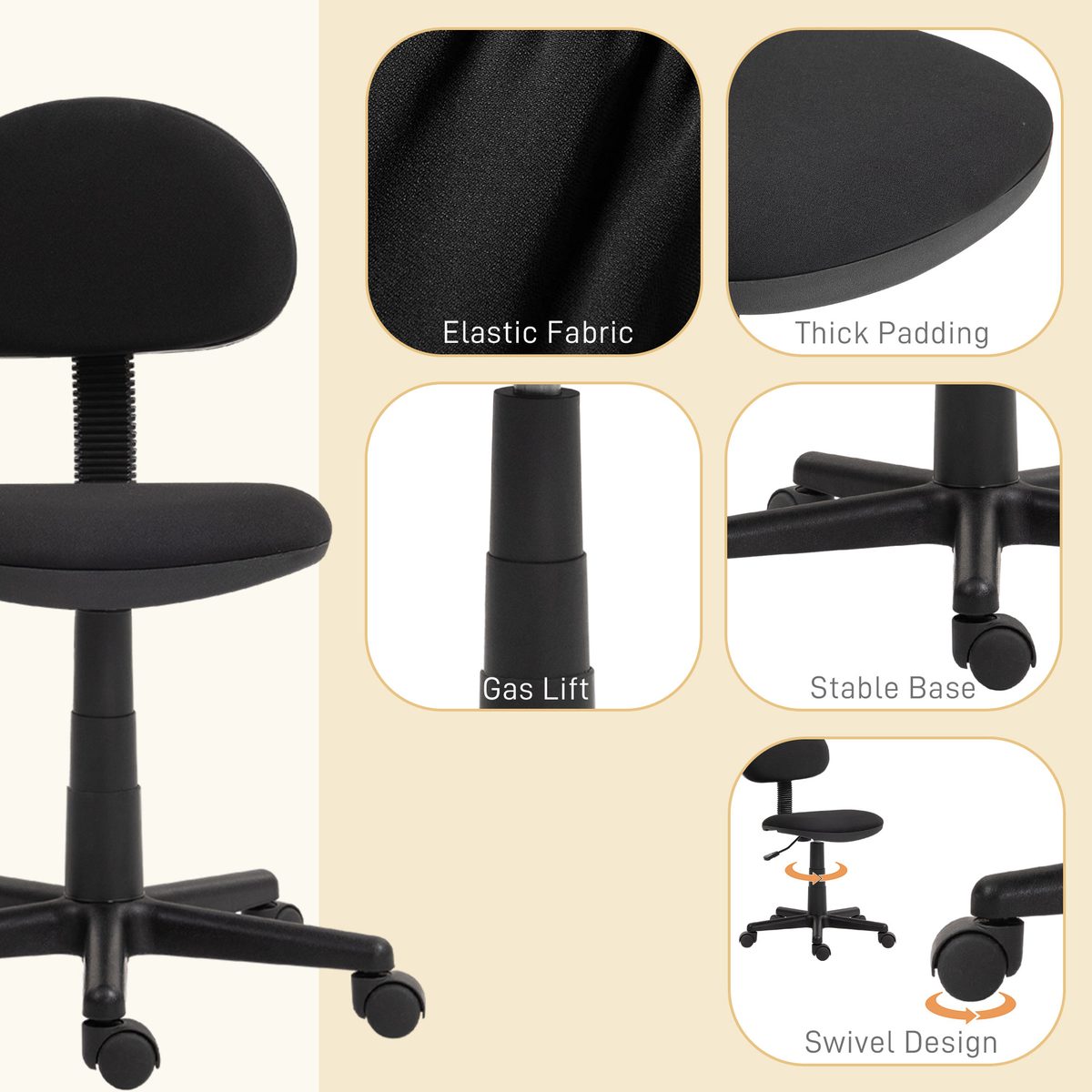 Small Desk Chair, Armless Office Chair with Adjustable Height, 360° Swivel Wheels, Low Back for Small Spaces, Black