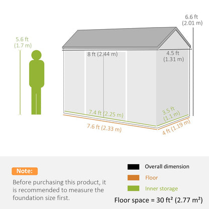 8 x 4 ft Plastic Garden Shed, Wood-Effect Outdoor Storage Shed with Floor, Windows, Lockable Doors and Vents, Dark Grey