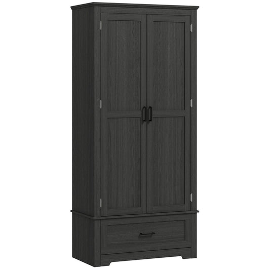 69" Tall Farmhouse Kitchen Pantry Cabinet with 2 Doors, Drawer and Adjustable Shelves, Black Wood Grain