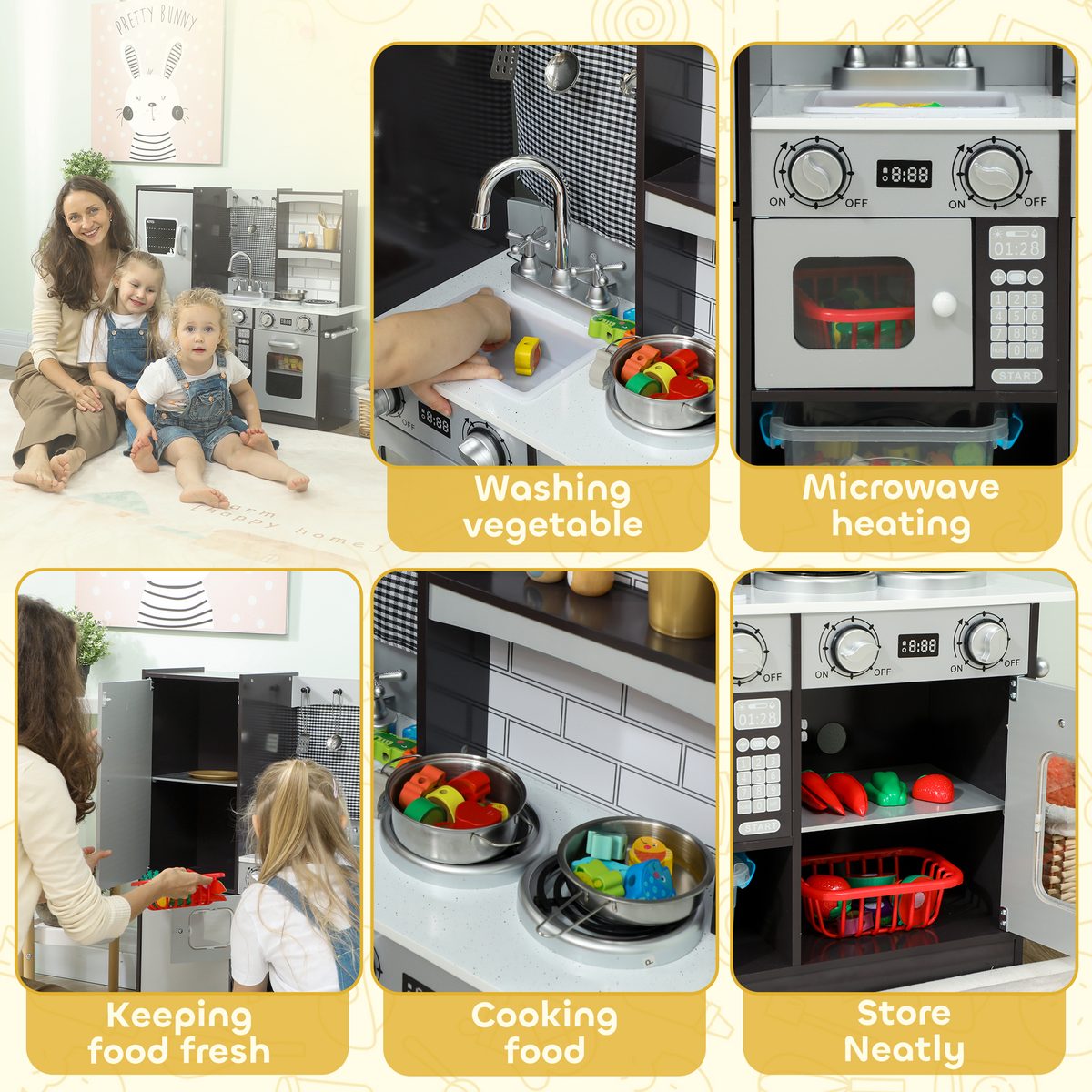 Play Kitchen for Kids, Pretend Kids Kitchen Playset with Switch Knob Sound, Accessories for Ages 3-8 Years, Dark Brown