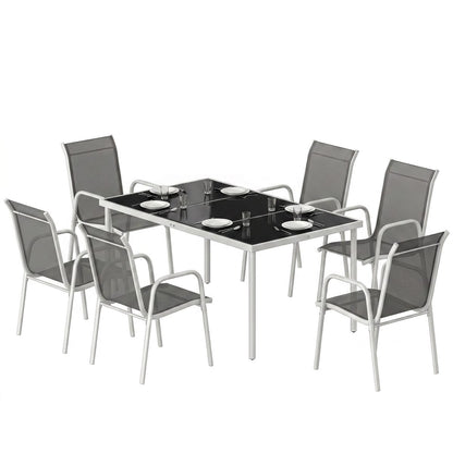 7 Piece Garden Dining Set, Garden Furniture Set with Rectangle Table and 6 Stackable Chairs