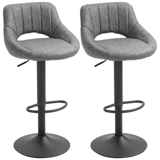 Bar Stools Set of 2, Swivel Counter Height Barstools with Adjustable Height and Cutout Back, Faux Leather Upholstered Bar Chairs with Round Metal Base and Footrest, Grey