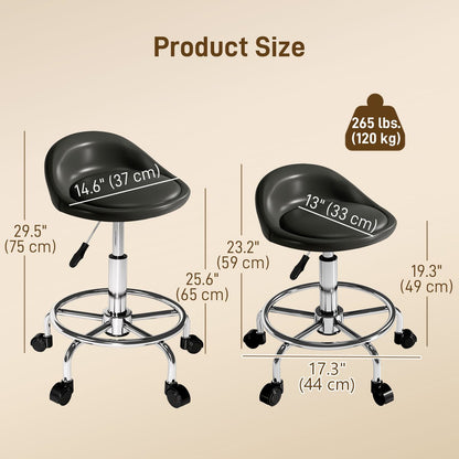 PU Leather Rolling Stool, Height Adjustable Swivel Salon Chair with Backrest and Foot Rest for Spa, Tattoo, Black