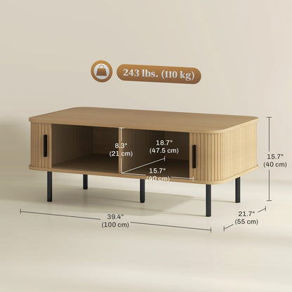 Coffee Table with Storage, Nordic Side Table with Fluted Tambour Sliding Doors and Steel Legs for Living Room, Oak