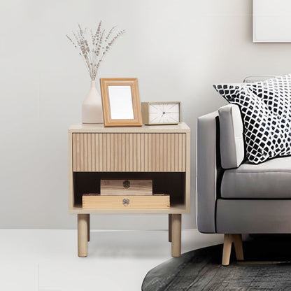 Laura Set of 2 Modern Nightstand with Drawer and Open Shelf-Natural Wood