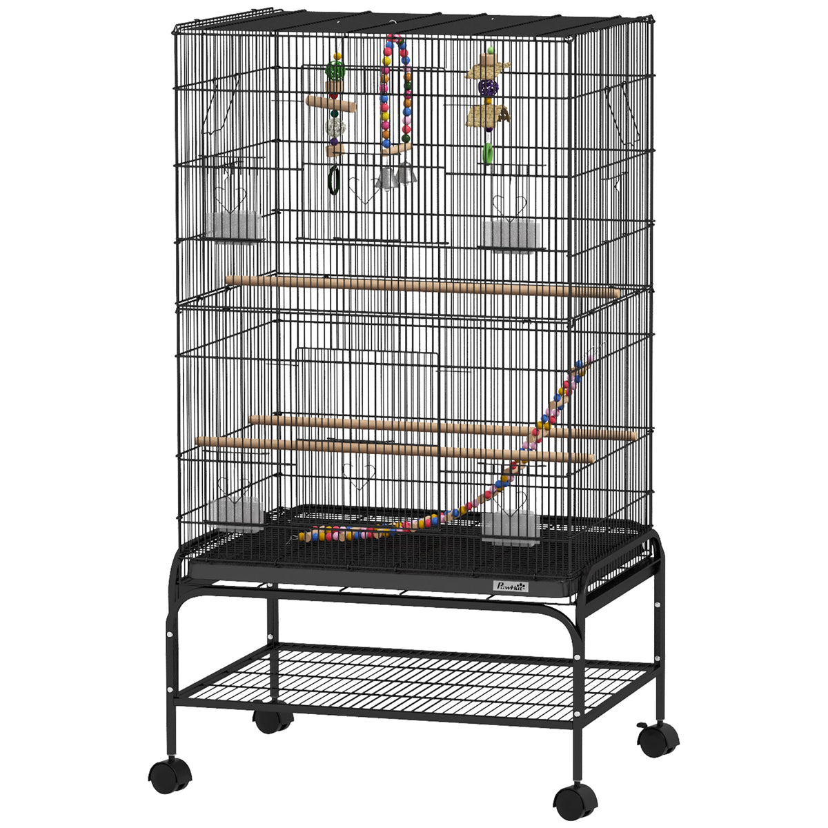 52" Bird Cage with Rolling Stand, Toys, for Budgies Canaries Black