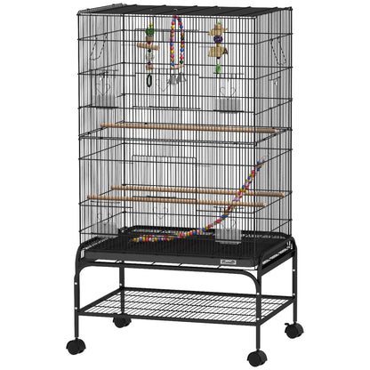 52" Bird Cage with Rolling Stand, Toys, for Budgies Canaries Black