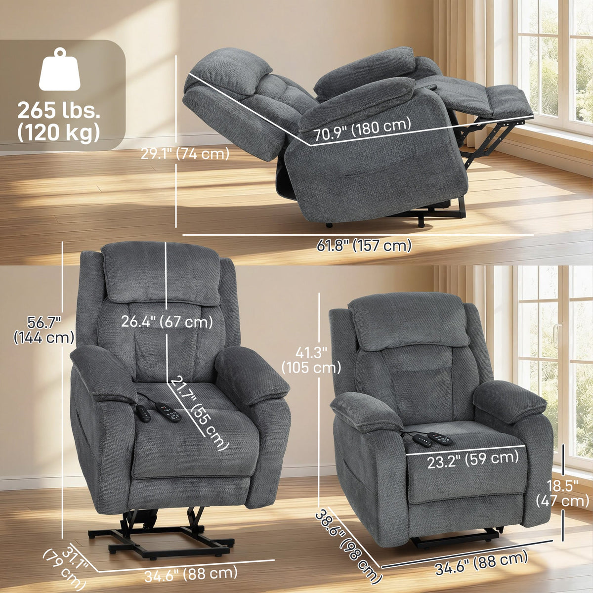 Power Recliner Chair with Massage, Electric Lift Chair for Elderly with Side Pockets, 2 Memory Positions, Remote, Brown