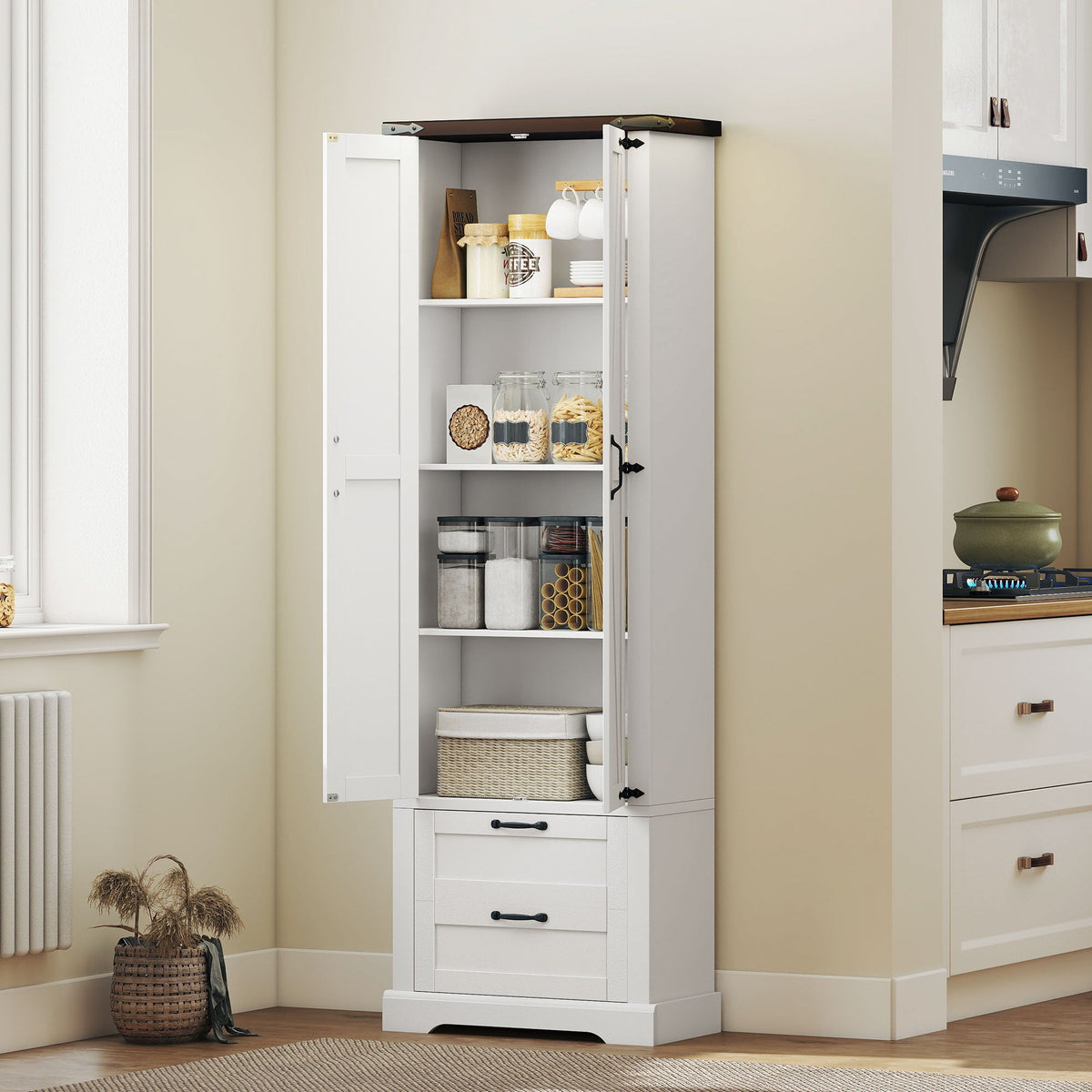 71" Tall Kitchen Pantry Cabinet, Farmhouse Kitchen Storage Cabinet with 2 Drawer and Adjustable Shelves, Black