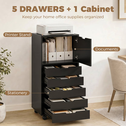 File Cabinet on Wheels Mobile Printer Stand with 5 Drawers for Home Office Black