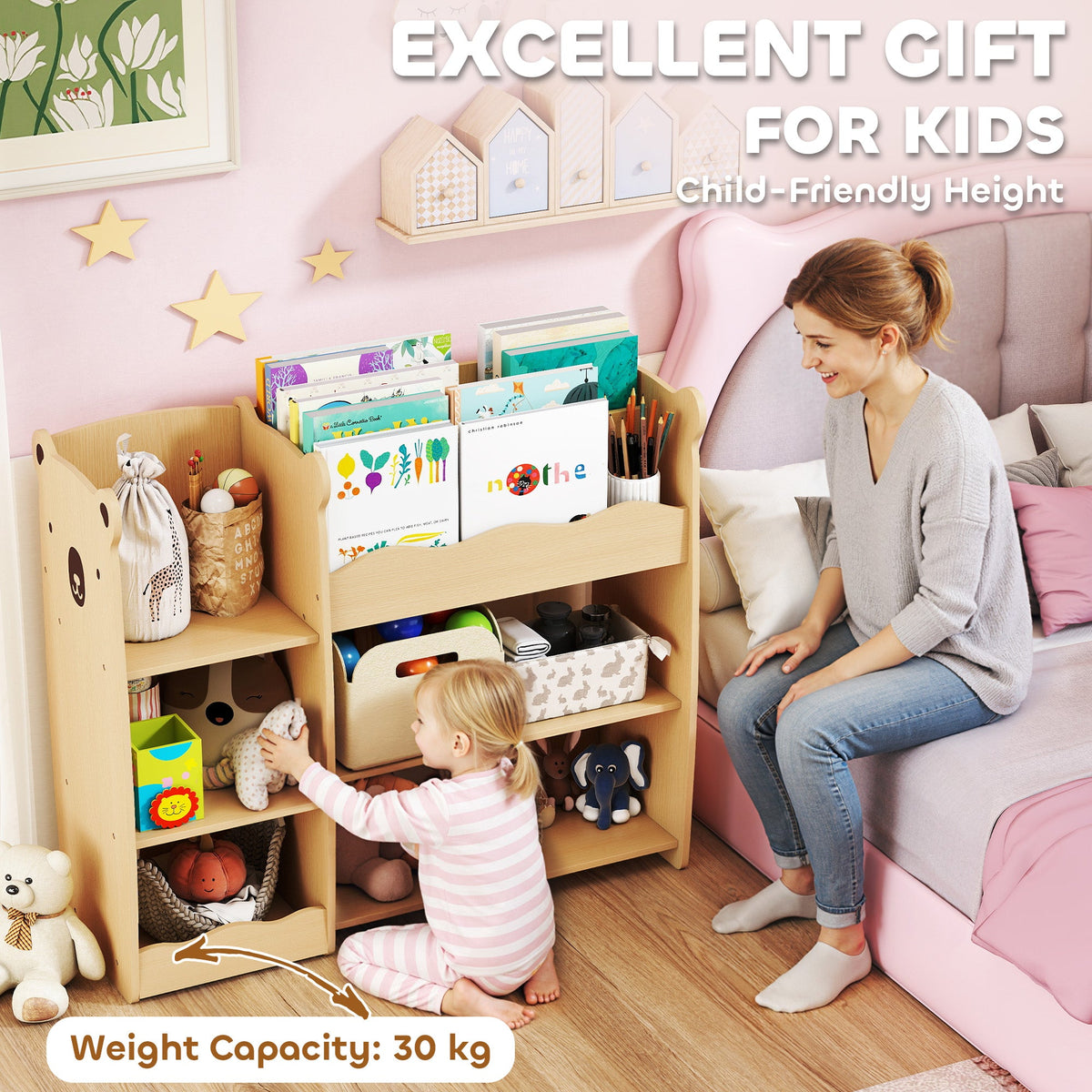 Kids Bookshelf and Toy Storage Organizer, 3 Tier Montessori Toy Organizer with Open Display for Nursery, Natural