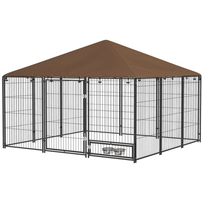 4.6' x 4.6' x 5' Outdoor Dog Kennel with Canopy, Rotating Bowls, Coffee
