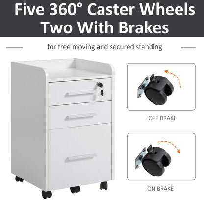 3 Drawer File Cabinet with Lock and Edged Top, Lockable Filing Cabinet on Wheels for Letter and A4 Size, White