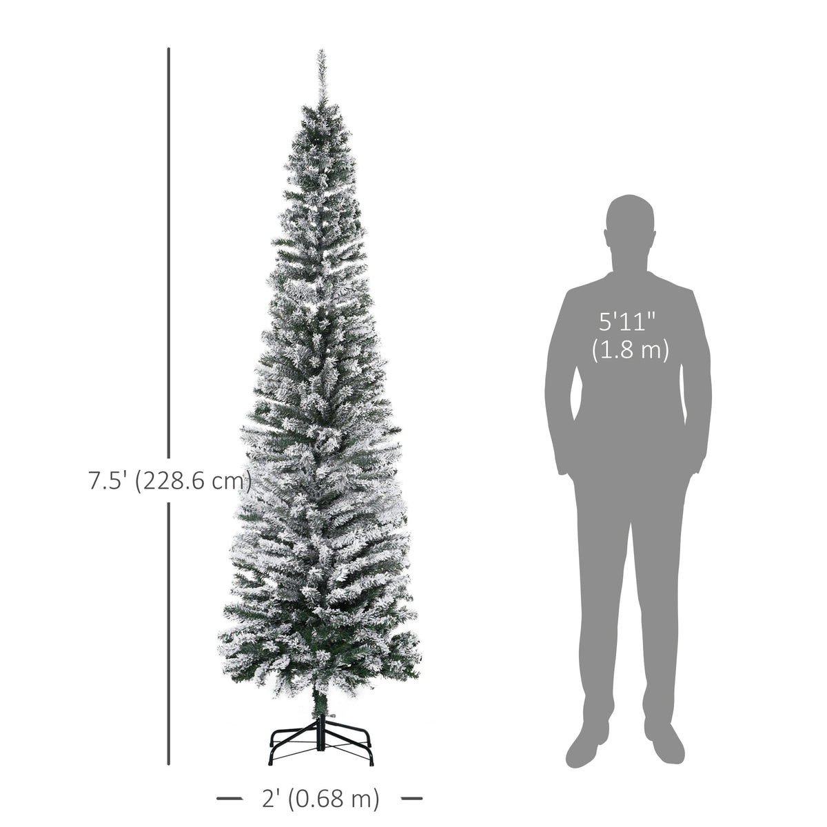 6ft Flocked Christmas Tree, Pencil Christmas Tree with Realistic Branch Tips, Folding Metal Stand, Green