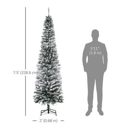 6ft Flocked Christmas Tree, Pencil Christmas Tree with Realistic Branch Tips, Folding Metal Stand, Green