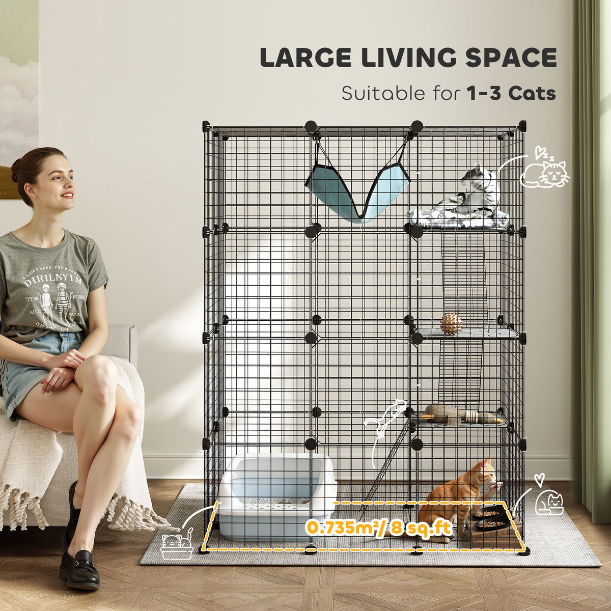 4 Tier DIY Cat Cage Indoor, Catio for 1-3 Cats with Hammock, 5 Doors, 3 Ramps, 3 Jumping Platforms, for 1-3 Cats, Black