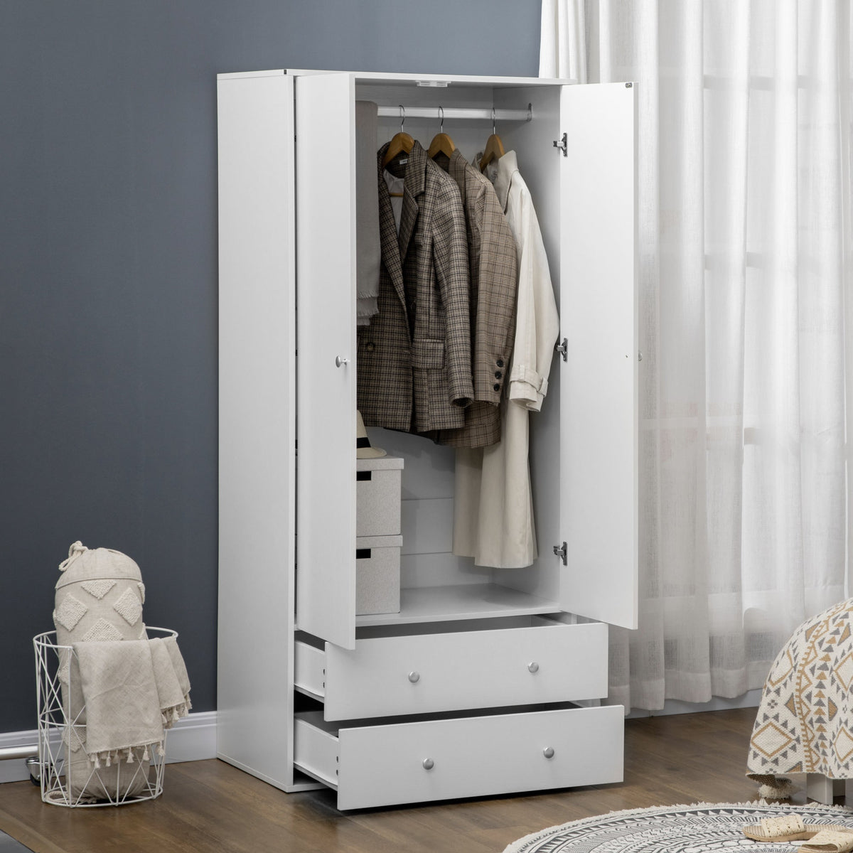 Modern Wardrobe Closet Armoire with 2 Drawers and Hanging Rod, Clothes Storage Organizer for Bedroom, Grey
