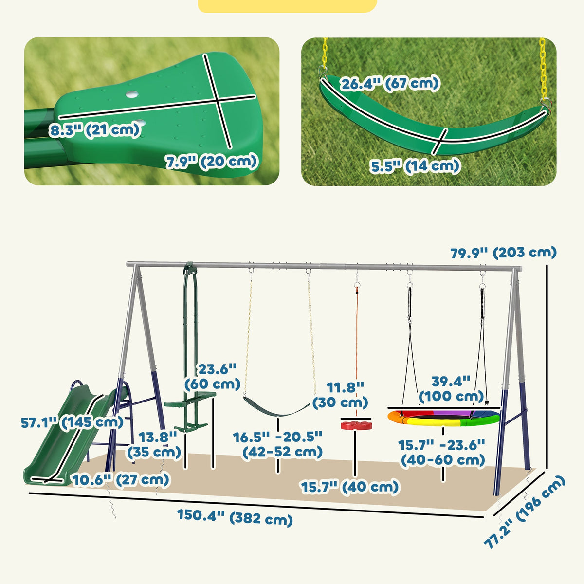 5-in-1 Kids Swing Set with Slide, Swings and Glider for Backyard, 770lbs Capacity, for Ages 3-8, Multicolour