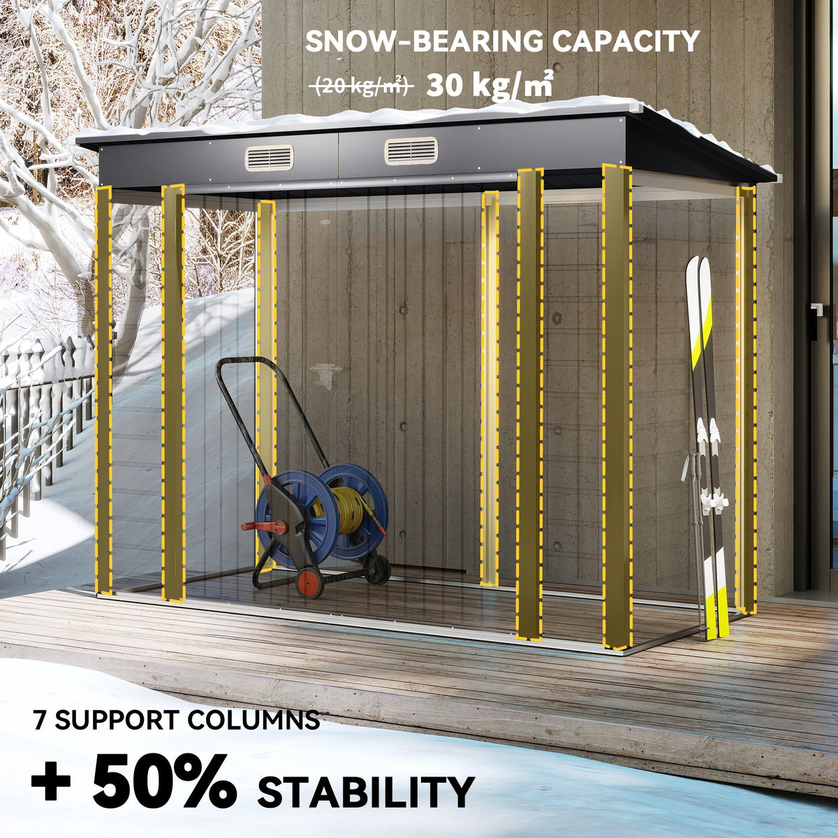 8 x 4FT Galvanized Garden Storage Shed, Metal Outdoor Shed with Double Doors and 2 Vents, Oak